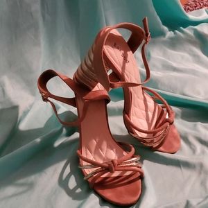 Tan Striped& Gold Ankle Strap w/4.5" Block Heel